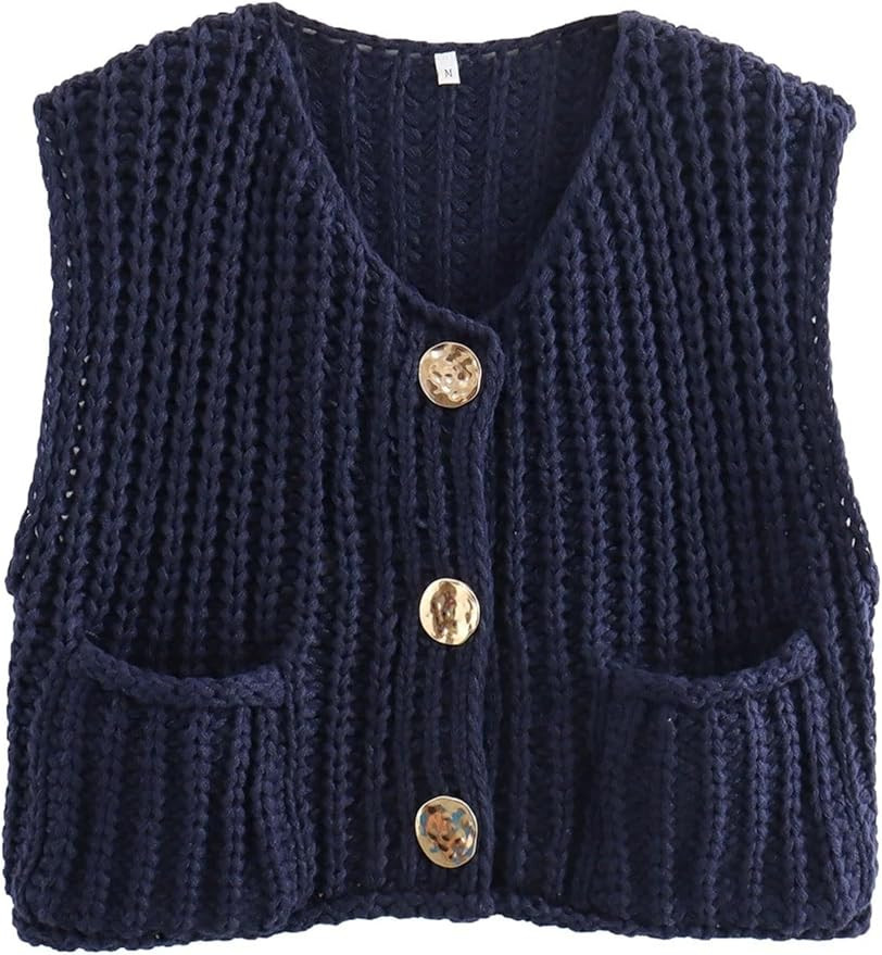 Women's Sleeveless Knit Cardigan Casual Button Down Cropped Knitted Sweater Vest with Pockets | Amazon (US)