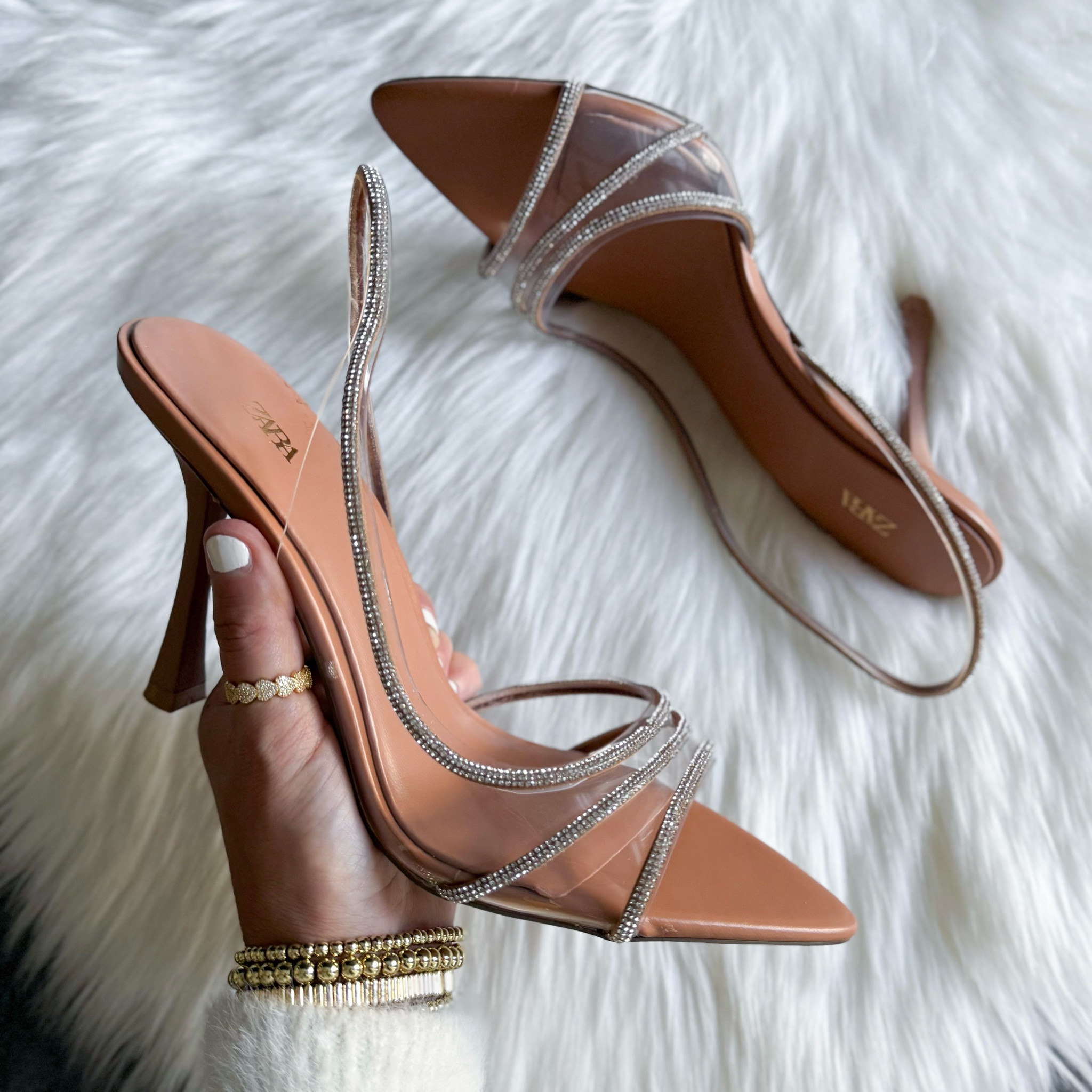 Rhinestone vinyl high heel sandals size up 1/2 size