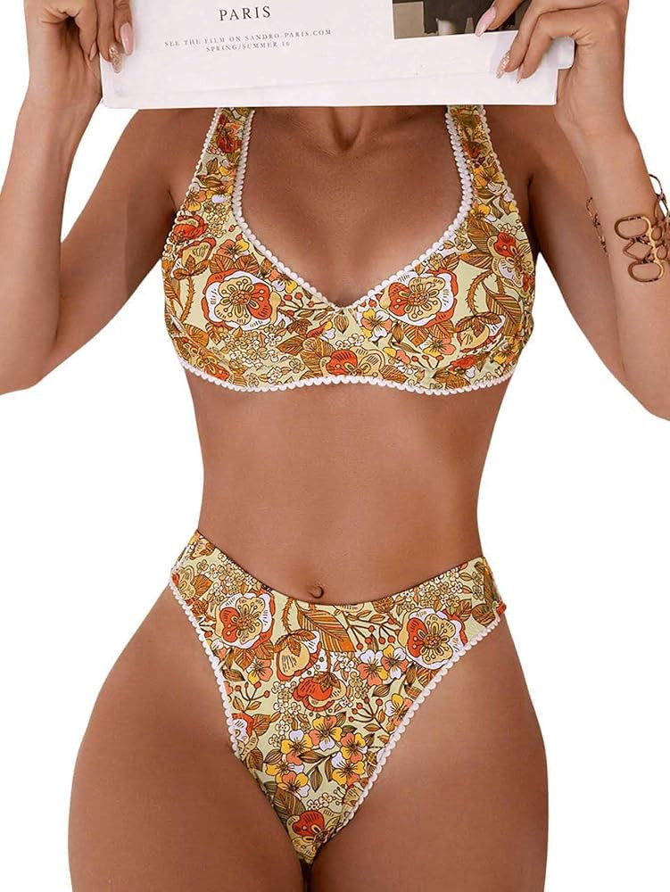 WDIRARA Women's Floral Print Swimsuit Tie Back Bikini Set Two Piece Bathing Suit | Amazon (US)