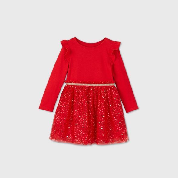 Toddler Girls' Glitter Tulle Long Sleeve Dress - Cat & Jack™ Red | Target