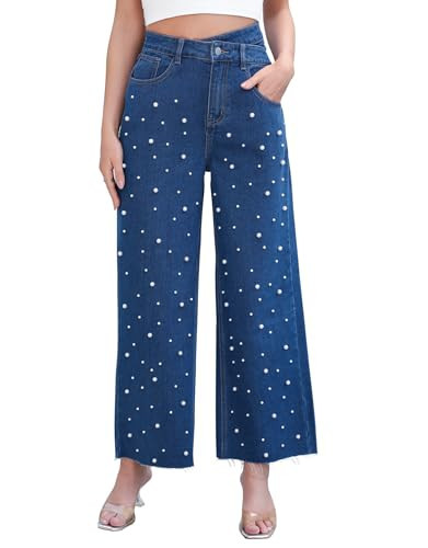 Kedera Womens High Waisted Pearl Jeans Casual Embellished Jeans Crossover Straight Leg Denim Pants with Raw Hem Dark Blue | Amazon (US)