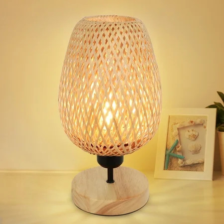 Depuley LED Bedside Table Lamp with Solid Wood Base Rattan Table Lamp with Bamboo Lampshade Minimali | Walmart (US)