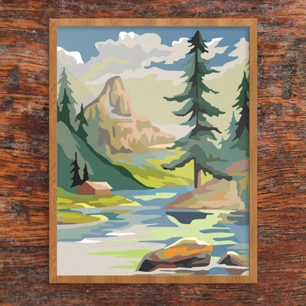 Paint by Number Mountain Cabin & Lake - Graphic Art Print on Paper | Wayfair North America