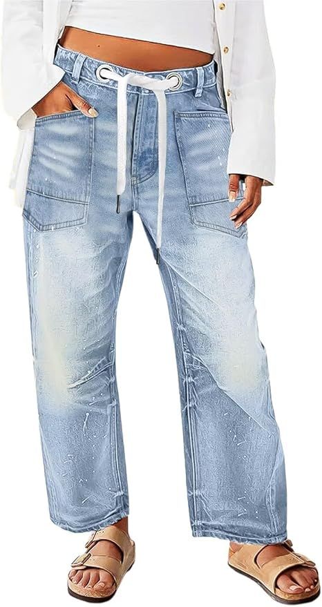 Flamingals Wide Leg Mid Waist Causal Baggy Barrel Jeans for Women Drawstring Eyelet Waist Denim P... | Amazon (US)