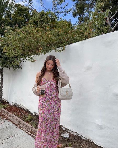 spring pink maxi dress from princess polly, beige cardigan