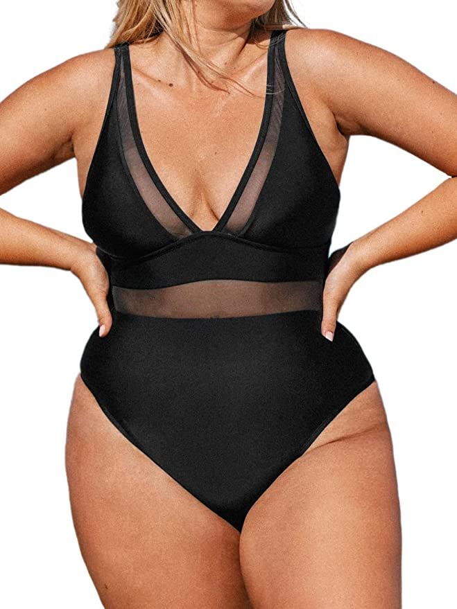 CUPSHE Women Plus Size One Piece Swimsuit V Neck Mesh Sheer Tummy Control Bathing Suit with Adjus... | Amazon (US)