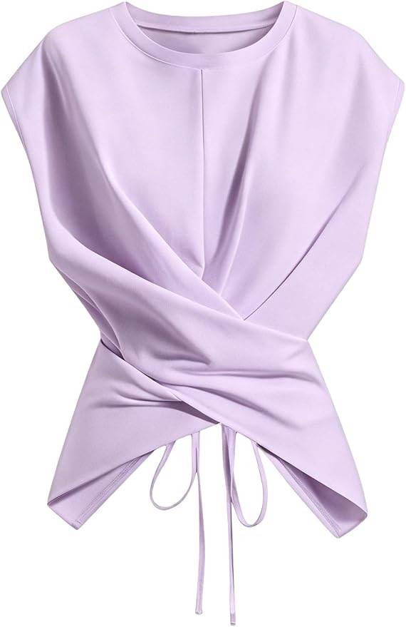 Verdusa Women's Cinched Waist Wrap Top Cap Sleeve Tie Back Going Out Workout Business Casual Tops | Amazon (US)