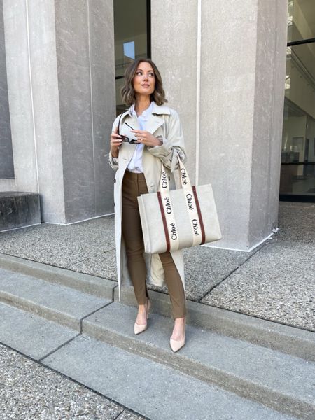 Workwear look for spring featuring neutral ankle pants and a white button down shirt. Finish the look with a large tote bag. 

#LTKstyletip #LTKworkwear #LTKSeasonal