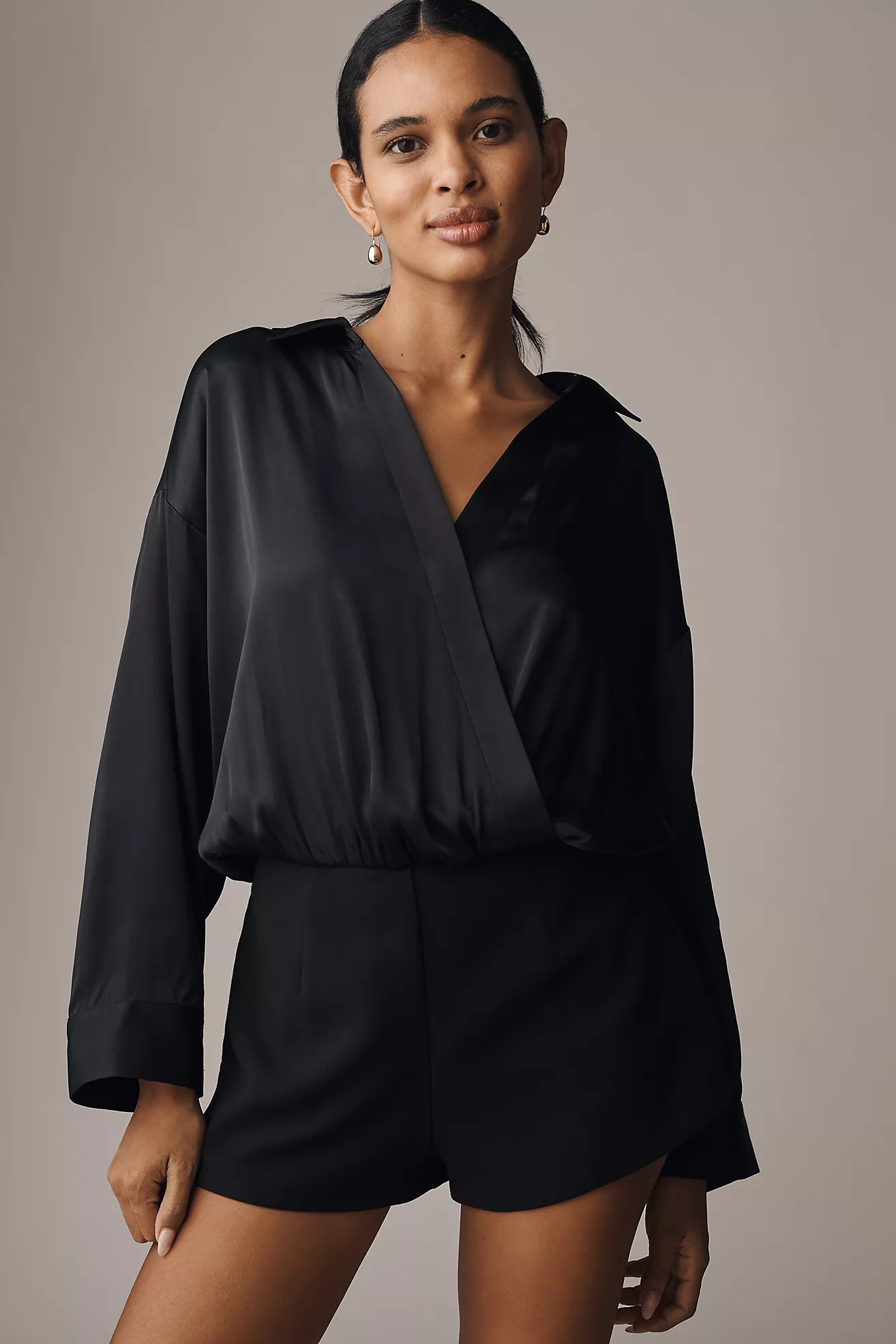 Maeve Long-Sleeve Satin Twofer Romper | Anthropologie (US)