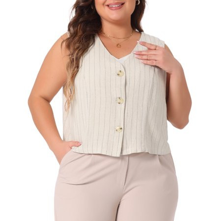 DARING DIVA Women s Plus Linen Vest Sleeveless Button Down V Neck Crop Top 1X Beige | Walmart (US)