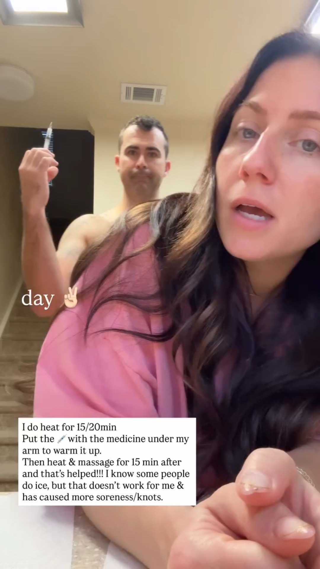 day ✌🏻 I do heat for 15/20min
Put the 💉with the medicine under my arm to warm it up.
Then heat & massage for 15 min after and that’s helped!!! I know some people do ice, but that doesn’t work for me & has caused more soreness/knots. 

 