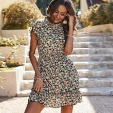 Allover Floral Print Butterfly Sleeve Shirred Waist Ruffle Hem Dress | SHEIN
