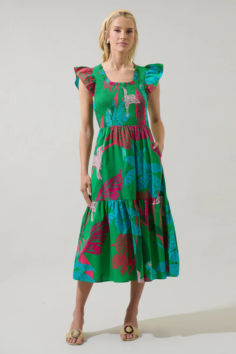 Meig Tropical Giza Glare Smock Tiered Midi Dress | Sugarlips