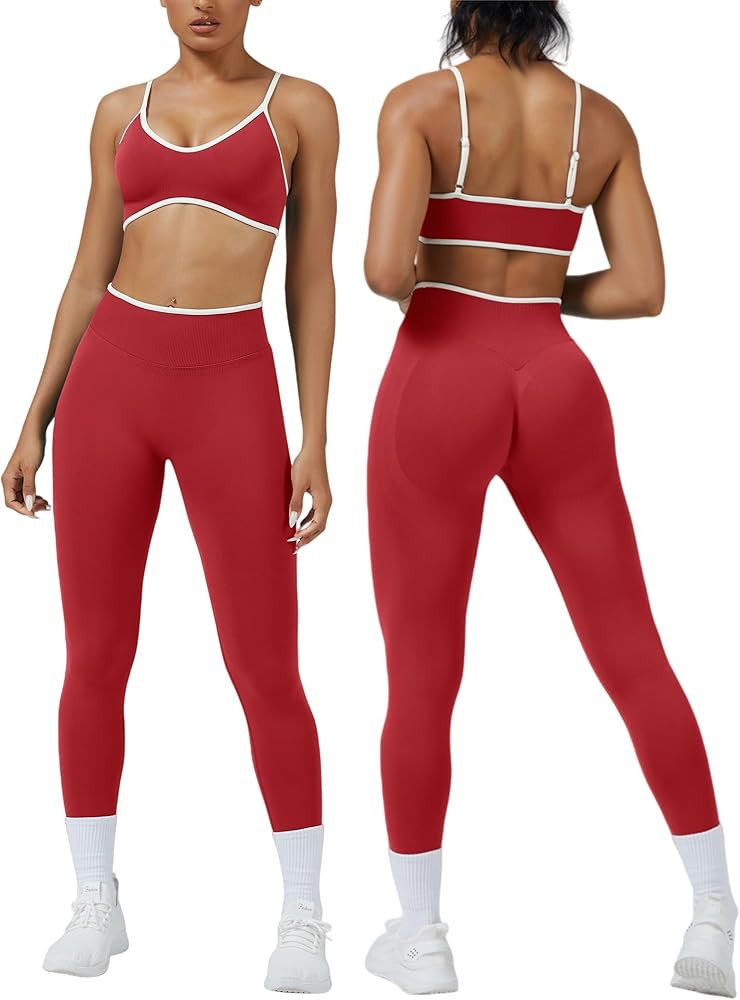 Womens Workout Sets 2 Piece Contrastline Sports Bra Seamless High Wait Butt Lifting Leggings Gym ... | Amazon (US)