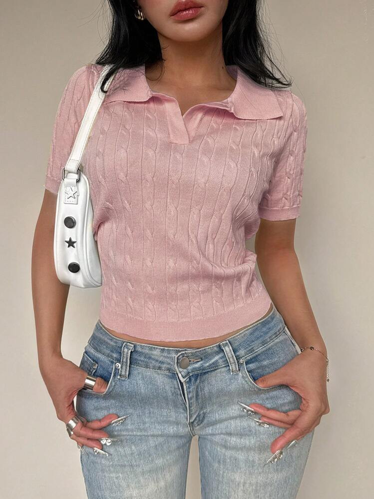 Flirla Casual Twist Rope Polo Collar Solid Color Short Sleeve Knit Top | SHEIN