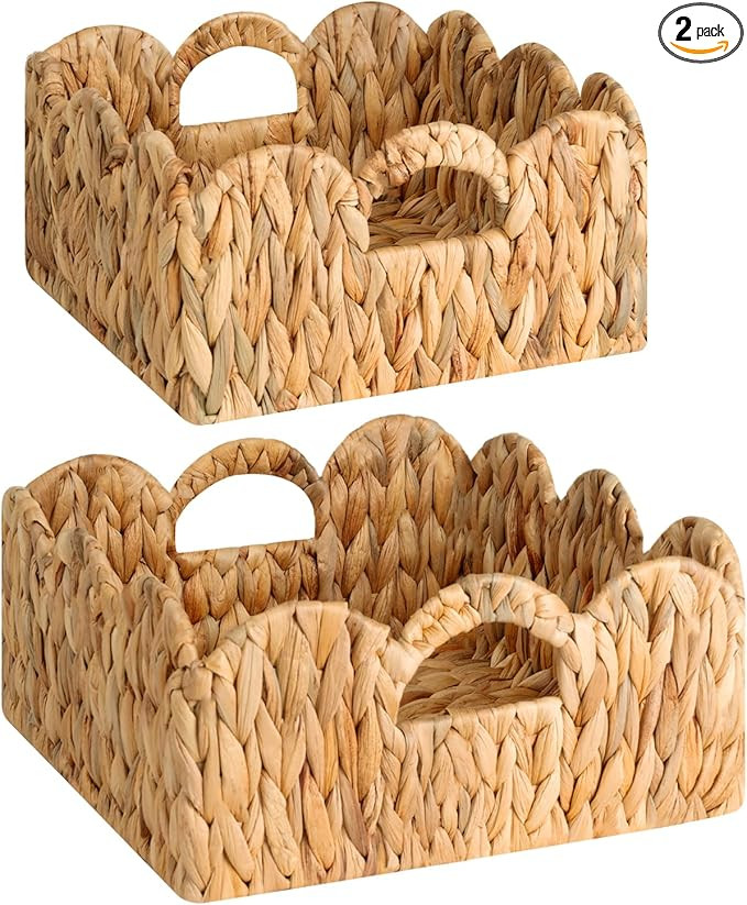 StorageWorks Scalloped Wicker Basket, Hand-woven Rattan Baskets with Built-in Handles, Water Hyac... | Amazon (US)