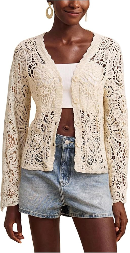 MakeMeChic Women's Crochet Cardigan Sweater Hollow Out Boho Tops Button Down Long Sleeve Cardigan | Amazon (US)