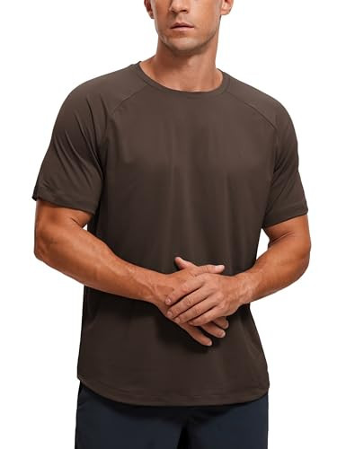 CRZ YOGA Texture Workout Shirts for Men - Lightweight Crewneck Running Athletic T-Shirts Short Sleeve Gym Tops Hot Fudge Brown Large | Amazon (US)