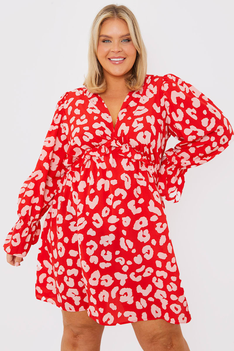 JESS MILLICHAMP RED LEOPARD PRINT PLUNGE RUFFLE MINI DRESS | In The Style (UK)