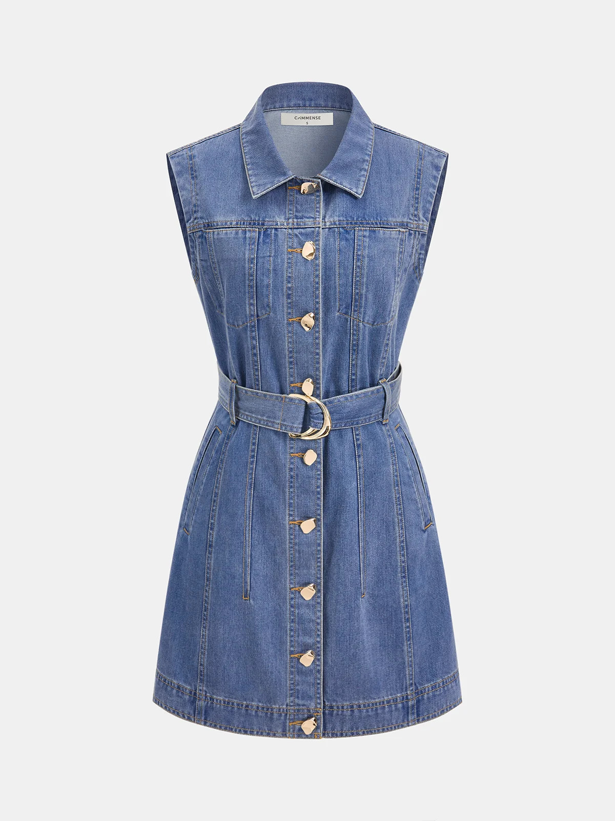 Belted Denim Sleeveless Shirt Dress | Commense
