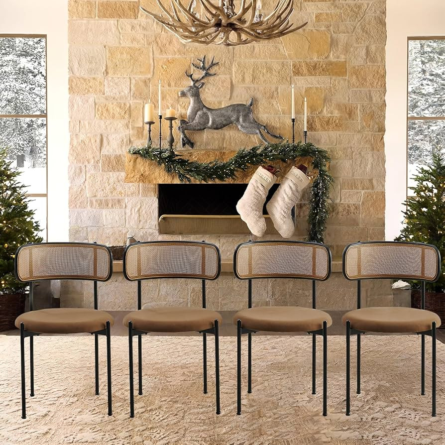 Brown Rattan Dining Chairs Set of 4, Mid-Century Modern Chair with Boucle, Kitchen Dining Room Ch... | Amazon (US)