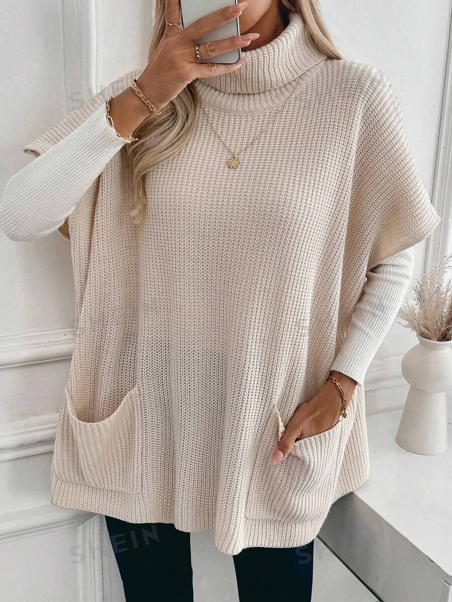 SHEIN Frenchy Loose Casual Turtleneck Pocket Women Sweater Dress | SHEIN