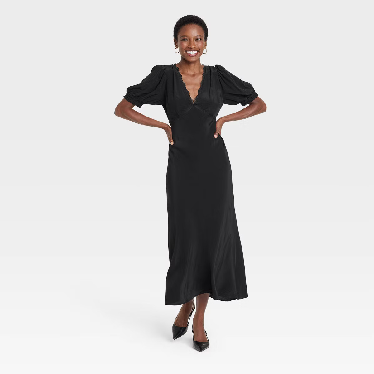 Women's Lace Puff Short Sleeve Maxi Dress - A New Day™ Black M | Target