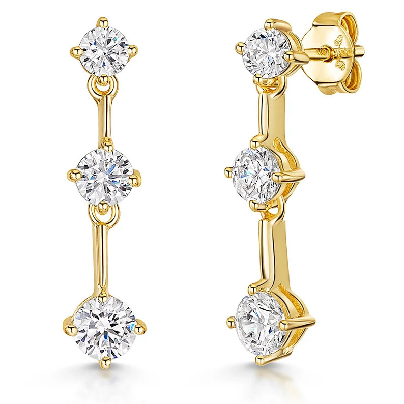 Yellow Gold Three Stone Cubic Zirconia Drop Earrings - Etsy | Etsy (US)