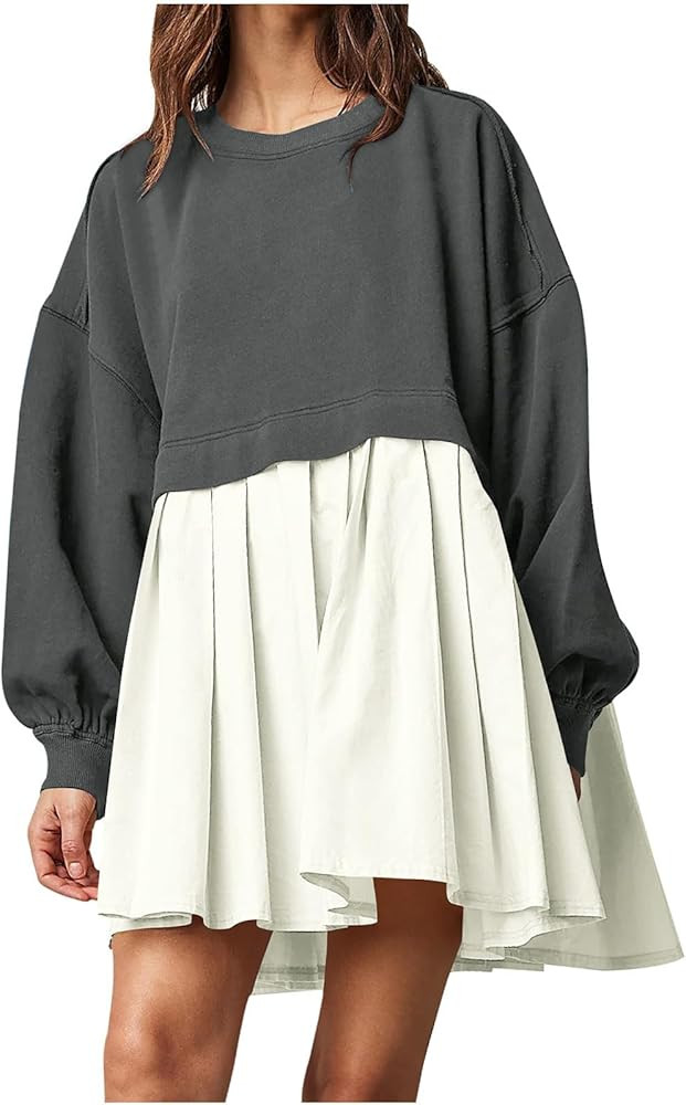 ZunFeo Sweatshirt Dress for Women Oversized Long Sleeve Crewneck Fleece Pullover Top Y2k Pleated ... | Amazon (US)
