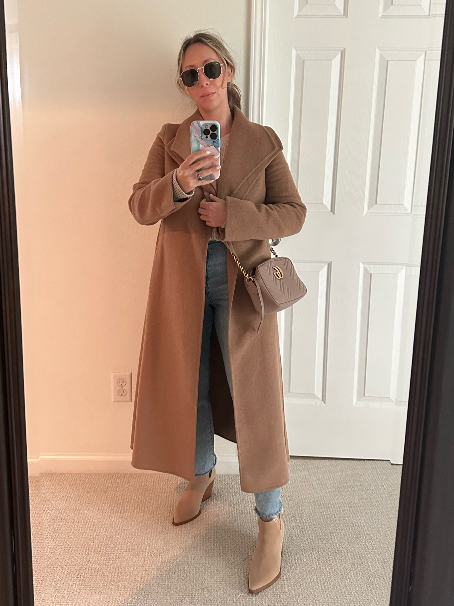 Neutral winter outfit brown coat brown booties 