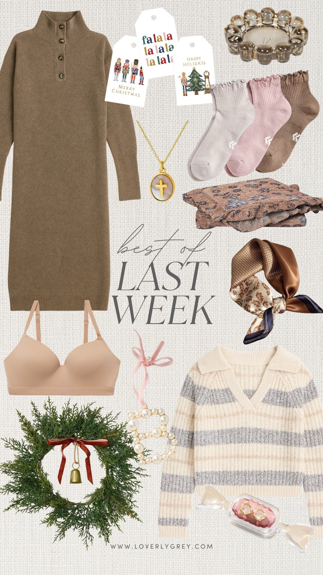 Sharing the best of last week! A mix of fashion, home decor, holiday things, & more!

Loverly Grey, follower favorites, sweater dress, chunky knit sweater, wireless bra, mini wreath, ornament, ruffle socks, scarf, necklace 

#LTKHoliday #LTKSeasonal