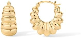 PAVOI 14K Gold Plated Ribbed Hoop Earrings for Women - Chunky Ridge Statement Earrings - Boho Puf... | Amazon (US)