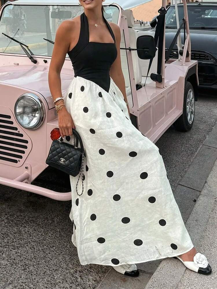 Abito da donna a pois, stile elegante romantico bohémien, con vita annodata, abito da spiaggia per vacanze, adatto per lavoro, uso quotidiano casual, riunioni, vacanze, tè pomeridiano, estate, stile ragazza francese | SHEIN