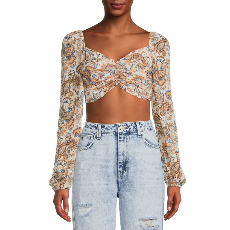 Almost Famous Junior' Cropped Ruched Faux Button Front Top with Balloon Sleeves - Walmart.com | Walmart (US)
