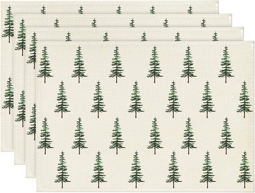 Artoid Mode Beige Xmas Tree Merry Christmas Placemats for Dining Table, 12 x 18 Inch Seasonal Winter Washable Table Mats Set of 4 | Amazon (US)