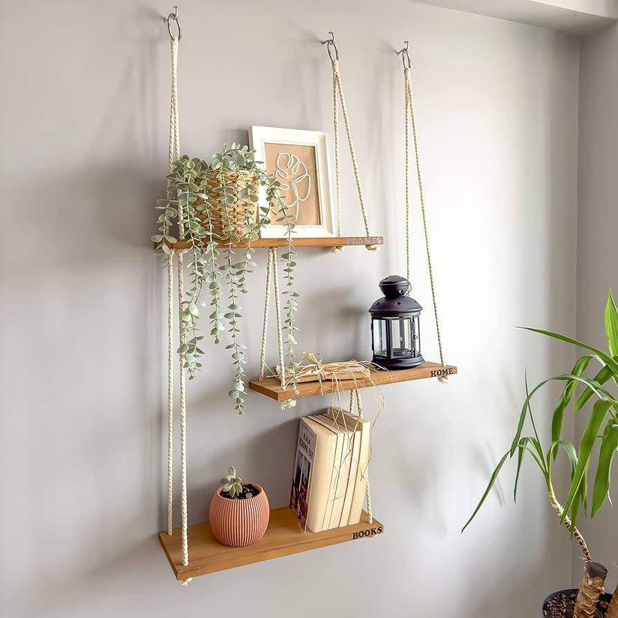 NWOOD Hanging Shelves for Wall with Customized Alphabet Stickers, Swing Floating Shelves, Wood Bo... | Amazon (US)