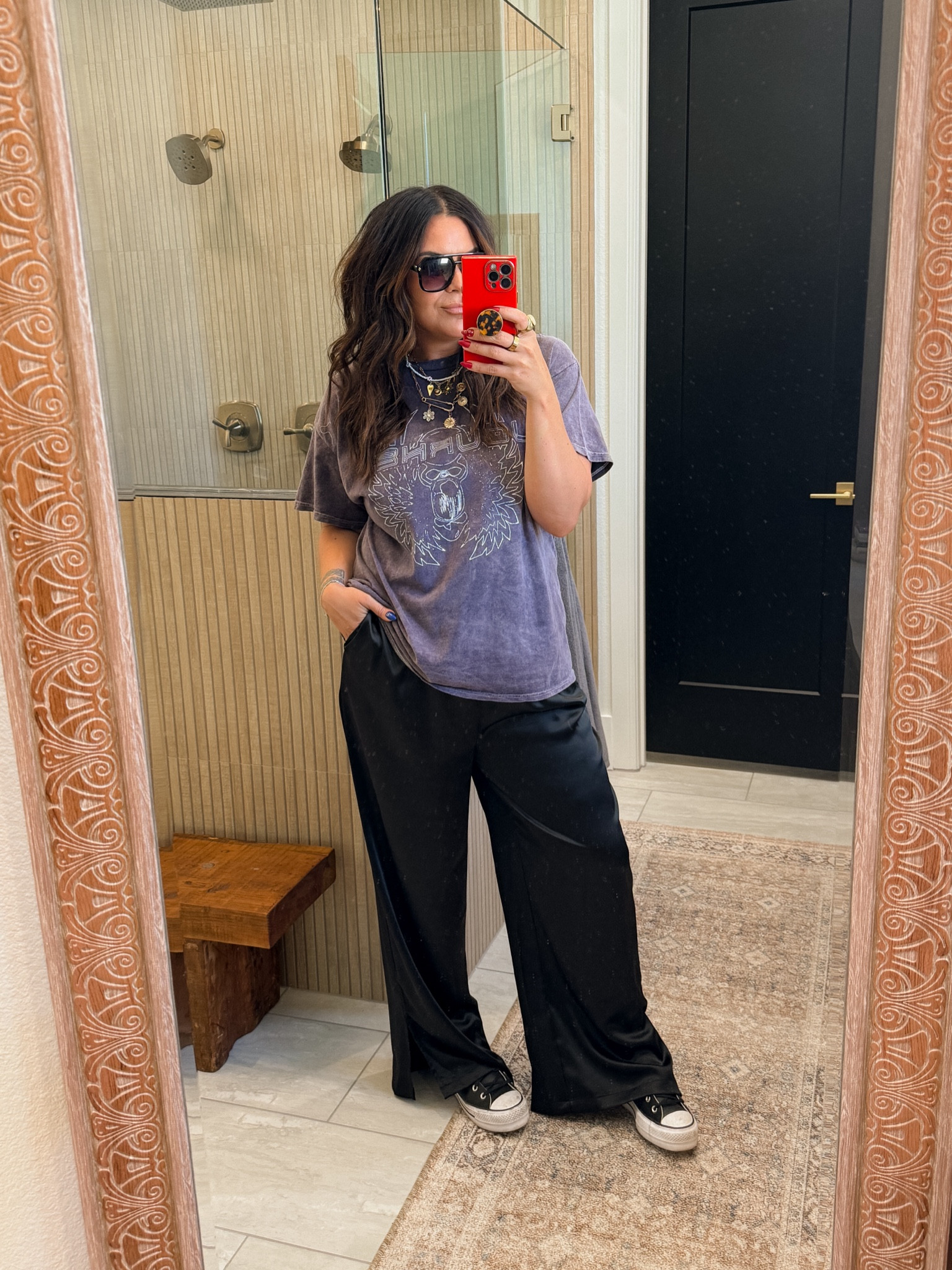 Silk/satin pants dressed down
Band tee: XL (use code: BWC)
Pants: XL with room
Platform Converse: size down 1/2 size
Amazon jewelry 

#LTKMidsize #LTKStyleTip #LTKFindsUnder50