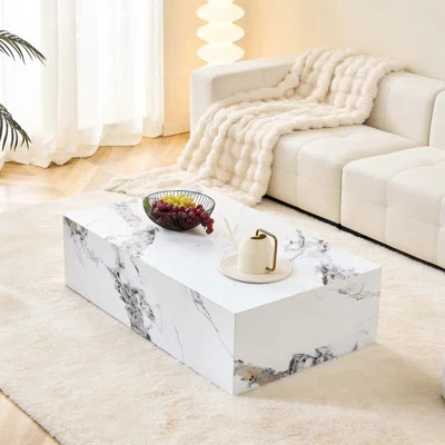39.3" White Marble Pattern MDF Coffee Table, Luxurious Rectangular Coffee Table For Living Room, Stylish & Durable Accent Furniture | Wayfair North America
