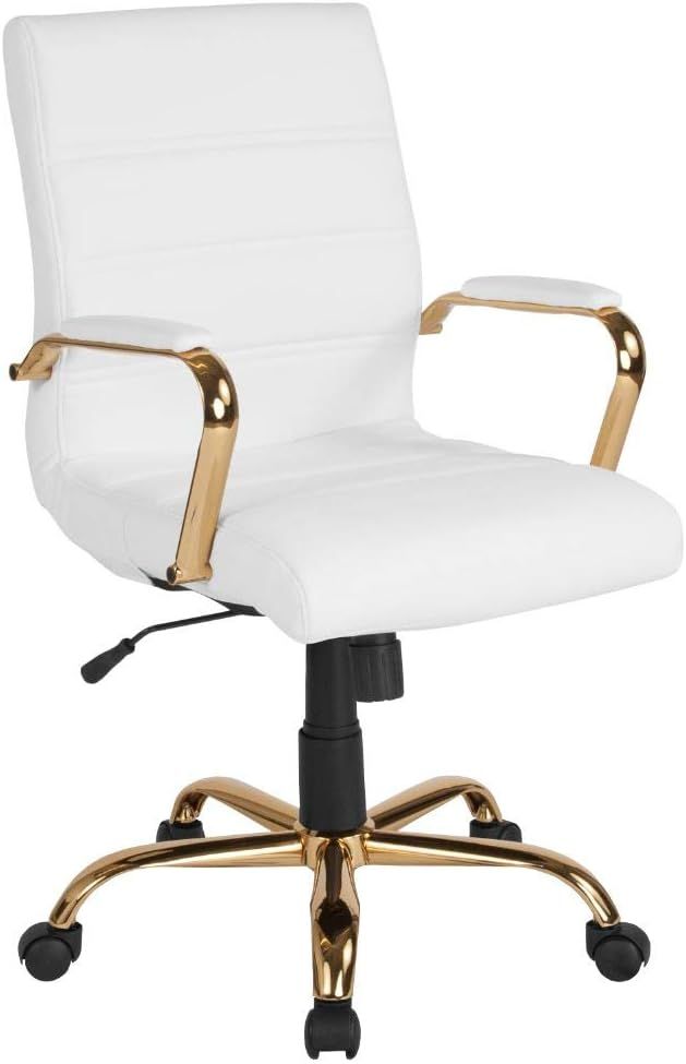 Flash Furniture Mid-Back White LeatherSoft Executive Swivel Office Chair with Gold Frame and Arms | Amazon (US)