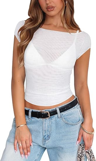 Womens Sheer Boat Neck Tops for Women Double Lined Mesh Top Women Cap Sleeve See Through Tee Shir... | Amazon (US)