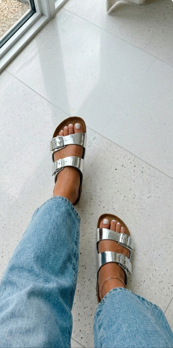 Must have birkenstocks for the summer! My favorite, most comfortable sandal! Metallic sandals. Metallic birkenstock. Silver sandals. 

#LTKootd #LTKSaleAlert #LTKmomlife