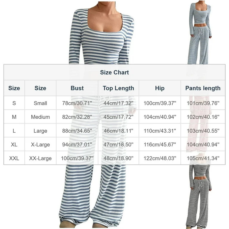 FAWUUDO Womens Striped 2 Piece Outfits Casual Square Neck Cropped Top Drawstring Wide Leg Pants M... | Walmart (US)