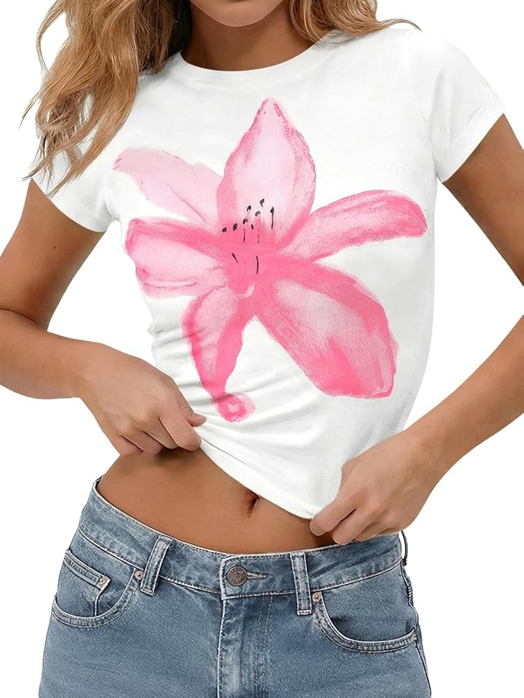 Tankaneo Womens Y2K Graphic Baby Tees Summer Floral Vintage Short Sleeve Tops Slim Fit Cropped Ts... | Amazon (US)