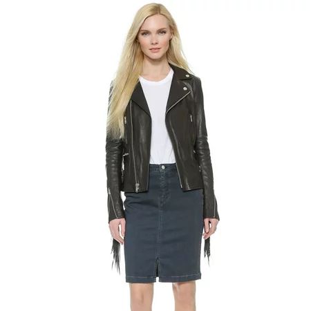BLK DNM Women's Fringe Detail Leather Jacket, Black, Large | Walmart (US)