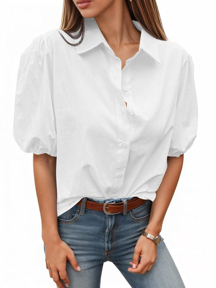 Tankaneo Women's Button Down Shirts Short Puff Sleeve Collared Dressy Casual Blouse Tops | Amazon (US)