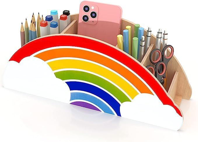 Gamenote Wooden Pen Holder & Pencil Holders - Rainbow Supply Caddy Phone Holder Desk Organizer fo... | Amazon (US)