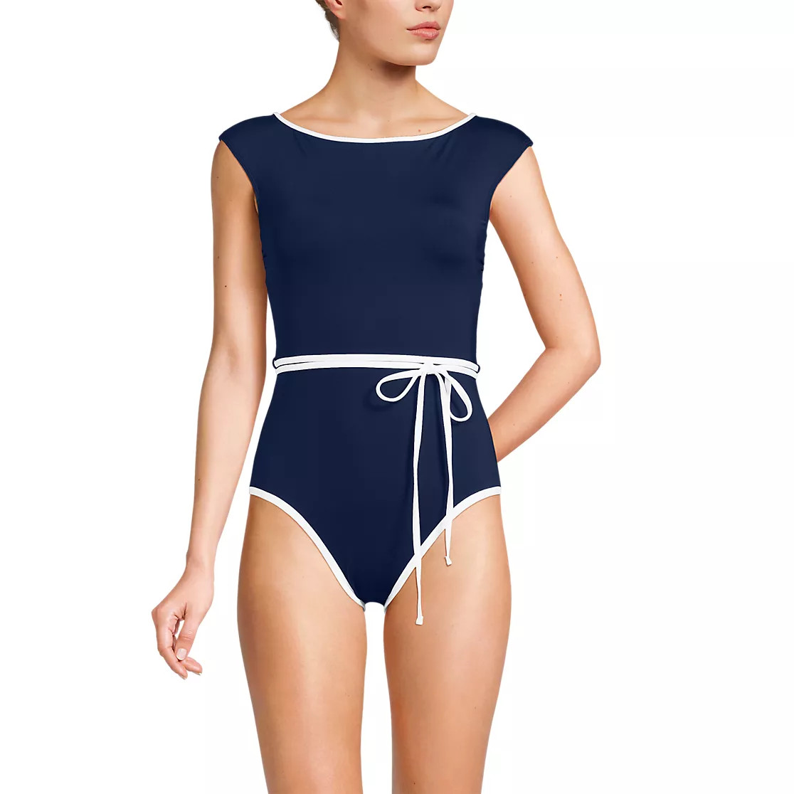 Women's High Neck Cap Sleeve Tie Belt One Piece Swimsuit | Lands' End (US)