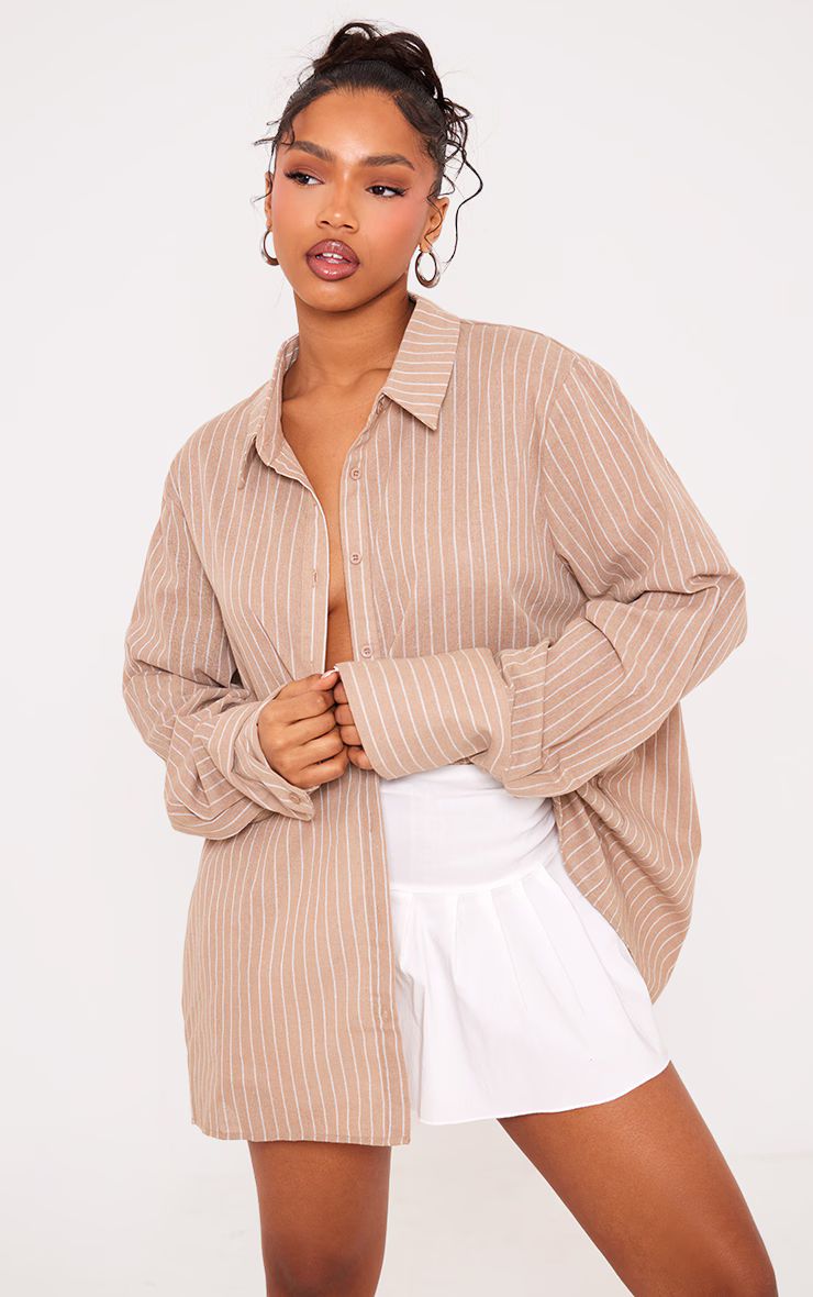 Beige Oversized Pinstripe Cuff Shirt | PrettyLittleThing US