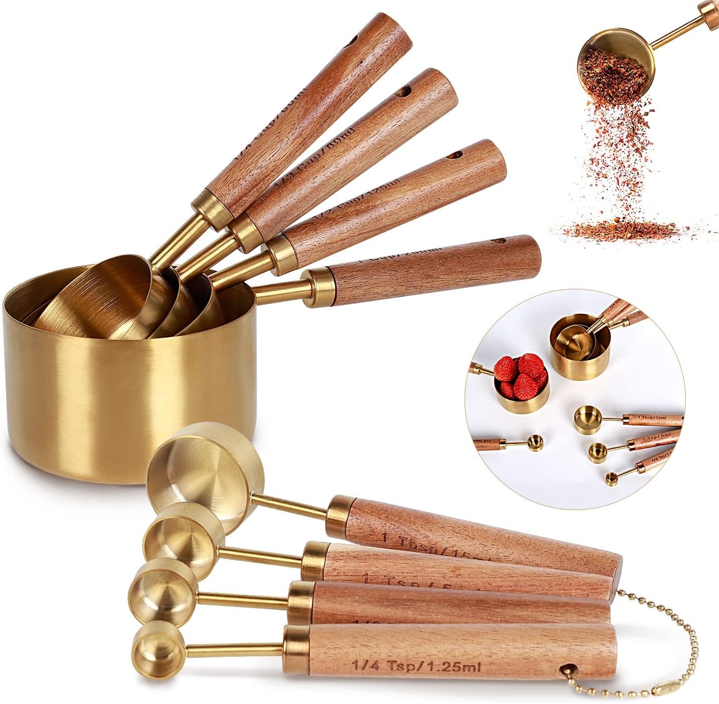 Collection 8 Piece Gold Measuring Cups Set and Measuring Spoons, Golden With fragrant wood Handles-Complete Set of Measure Cups and Spoons For Cooking and Baking.… | Amazon (US)