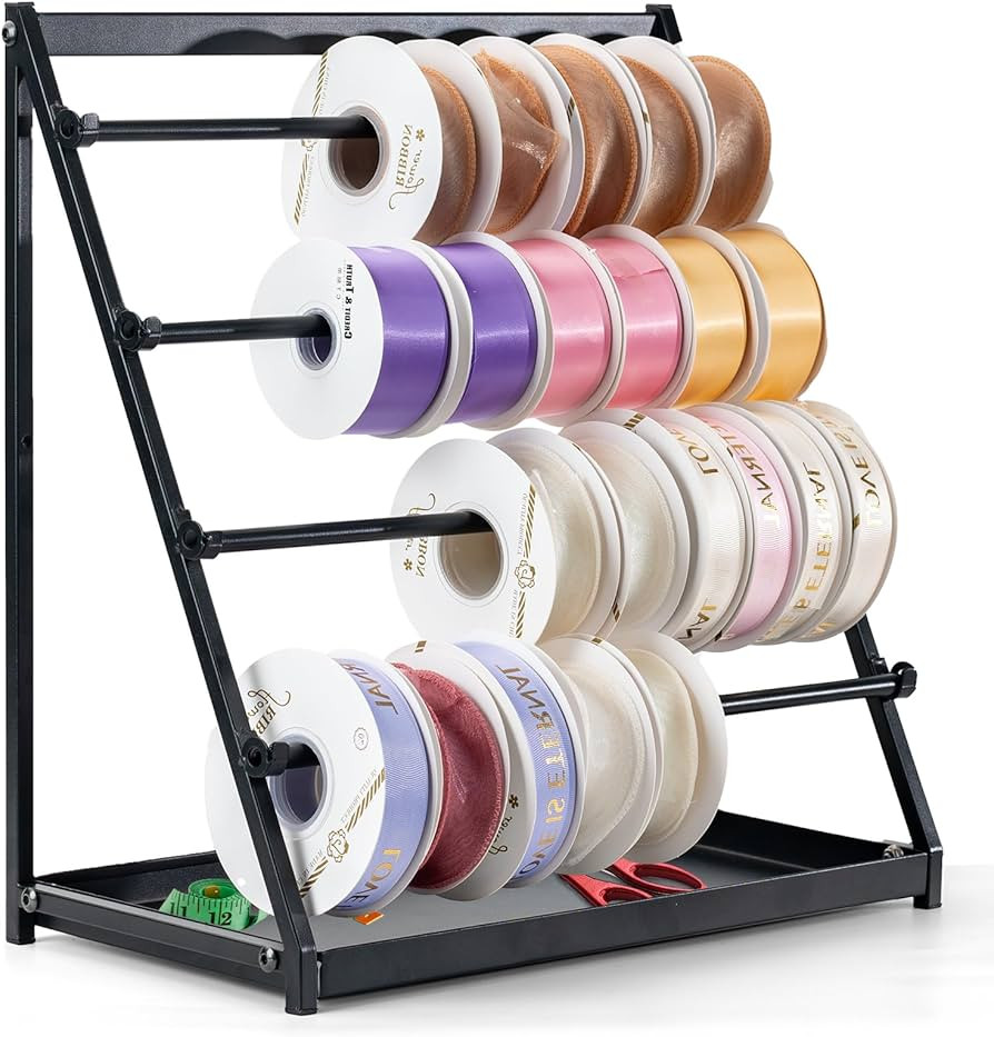 Ribbon Holder Organizer Rack with Storage Tray, 4 Tier Ribbon Spool Holder Stand,Metal Sewing Org... | Amazon (US)